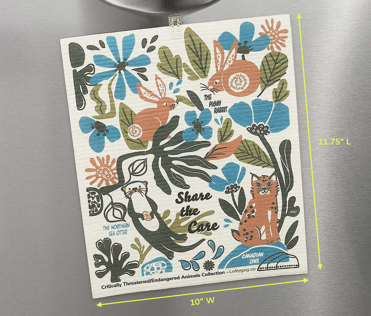 Swedish dishcloth with blue and orange animal illustration and “Share the Care” text