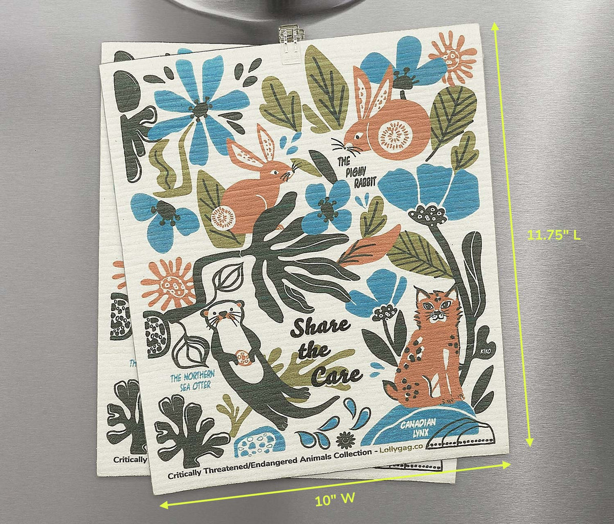 Wildlife Swedish dishcloth with colorful animals and blue flower print, packaged set
