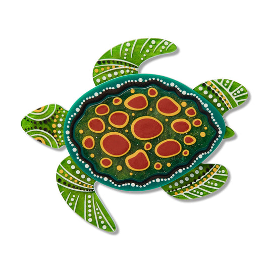 Green turtle brooch with patterned shell in orange and red spots and white dot accents