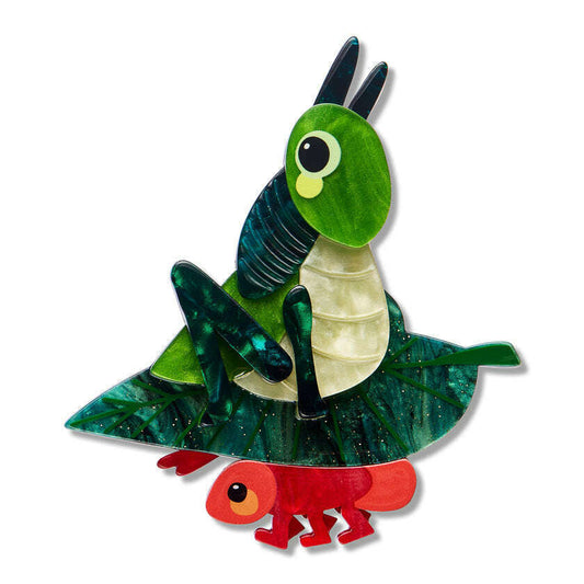 Meal prep brooch: green rabbit with striped legs, blue-green skirt, red feet