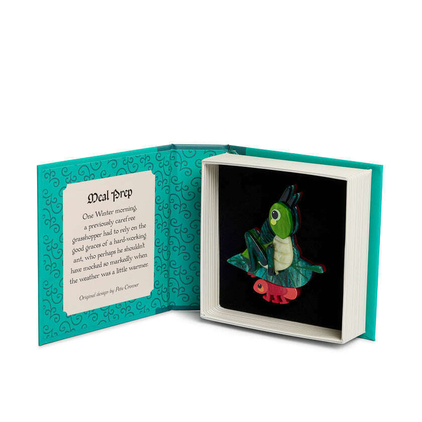 Meal prep brooch shown in box, green rabbit with blue-green skirt and red feet