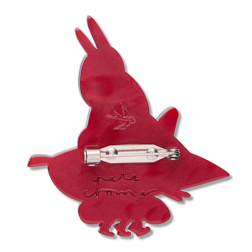 Meal prep brooch back: red rabbit shape with metal pin clasp