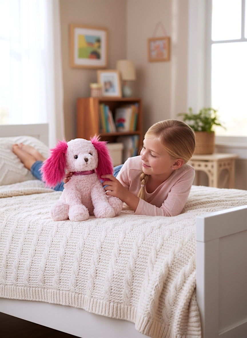 Pink plush dog with fuchsia floppy ears, held on a bed by a child