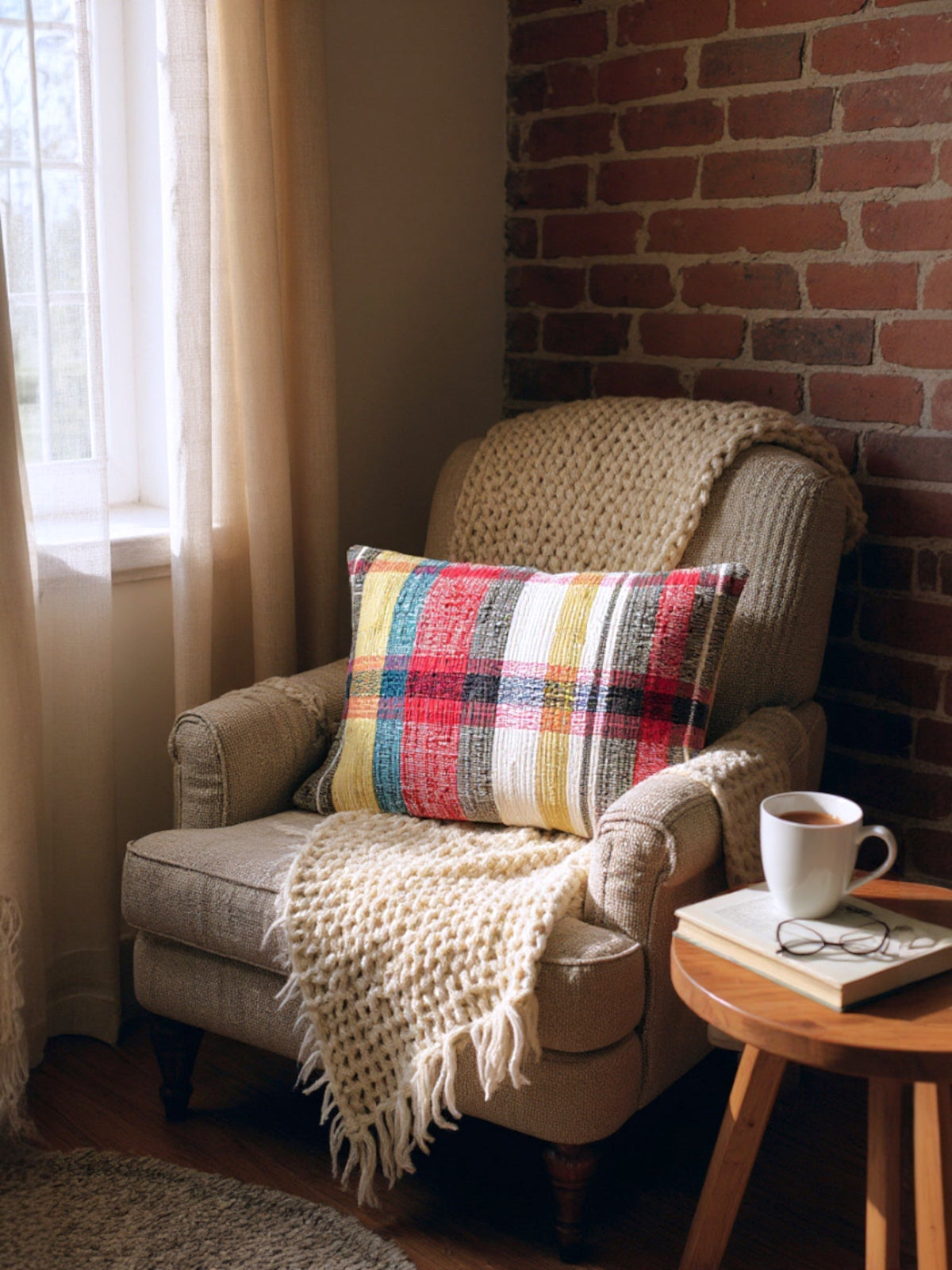 Lumbar woven plaid throw pillow on chair, red and white with gray accents