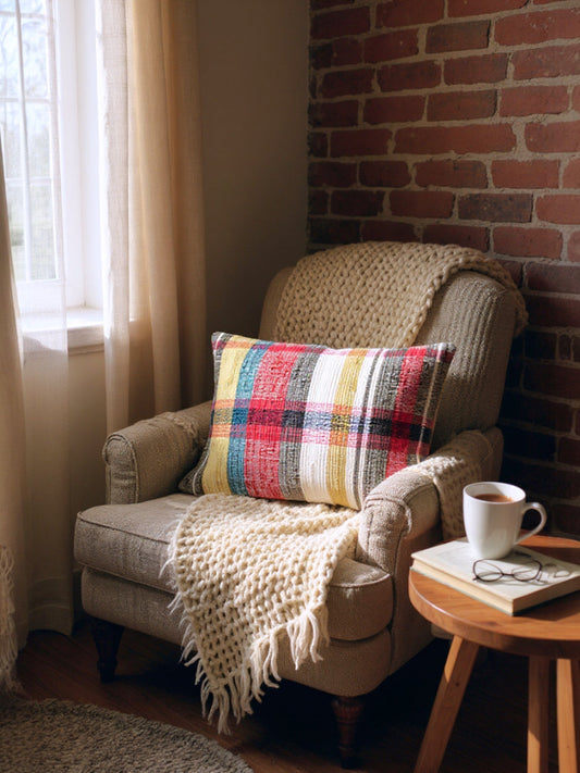 Lumbar woven plaid throw pillow on chair, red and white with gray accents