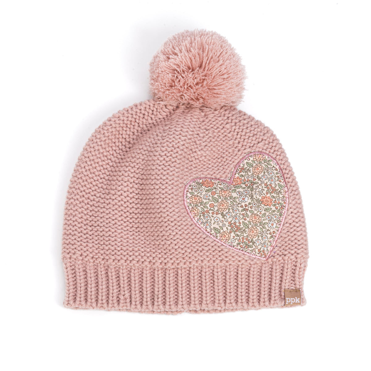 Dusty pink knit girls' beanie with pompom and floral heart applique