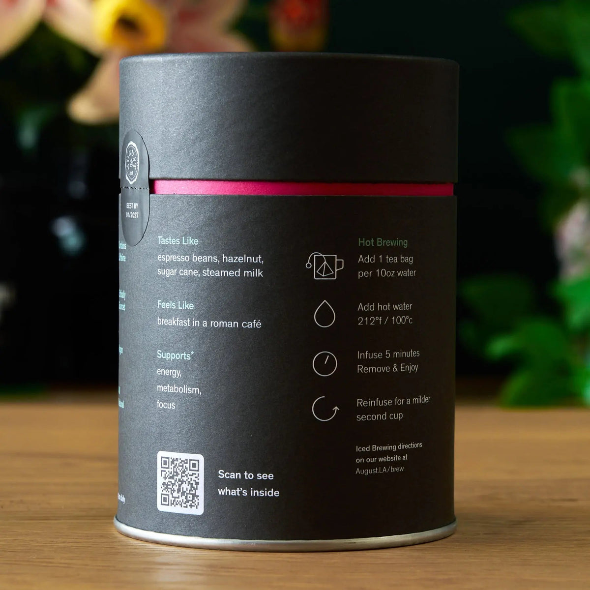 Side of the black tea tin showing brewing instructions and flavor notes.