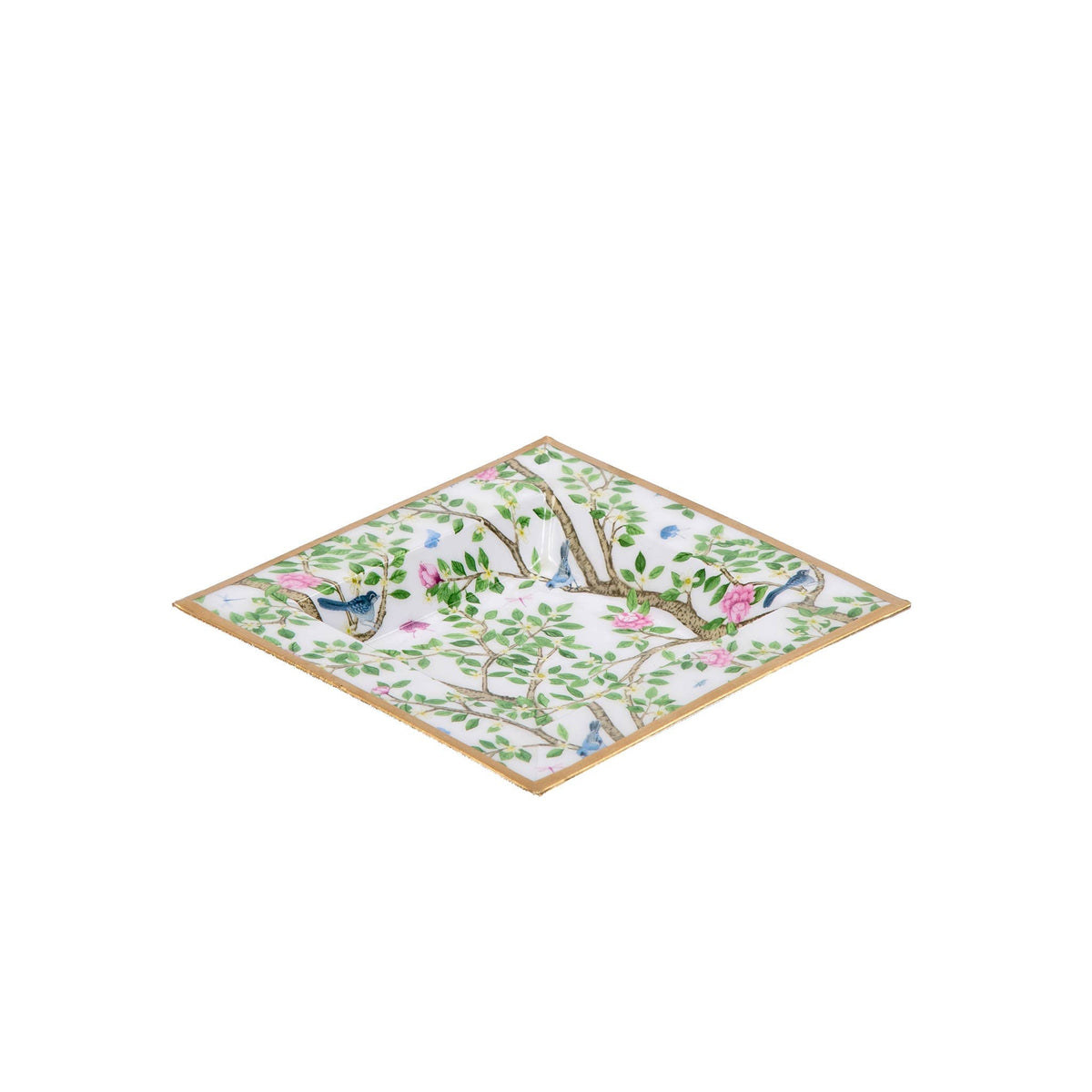 Square enamel tori trinket tray with garden artwork and gold border, angled view