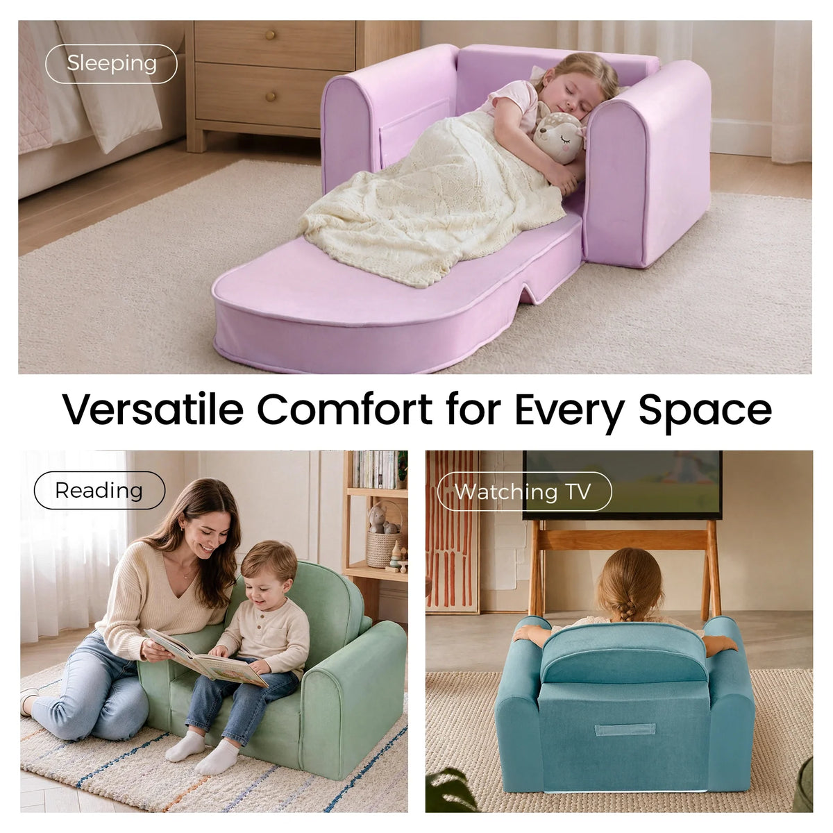 Kids sofa chair shown as a bed, with an extended footrest for lounging