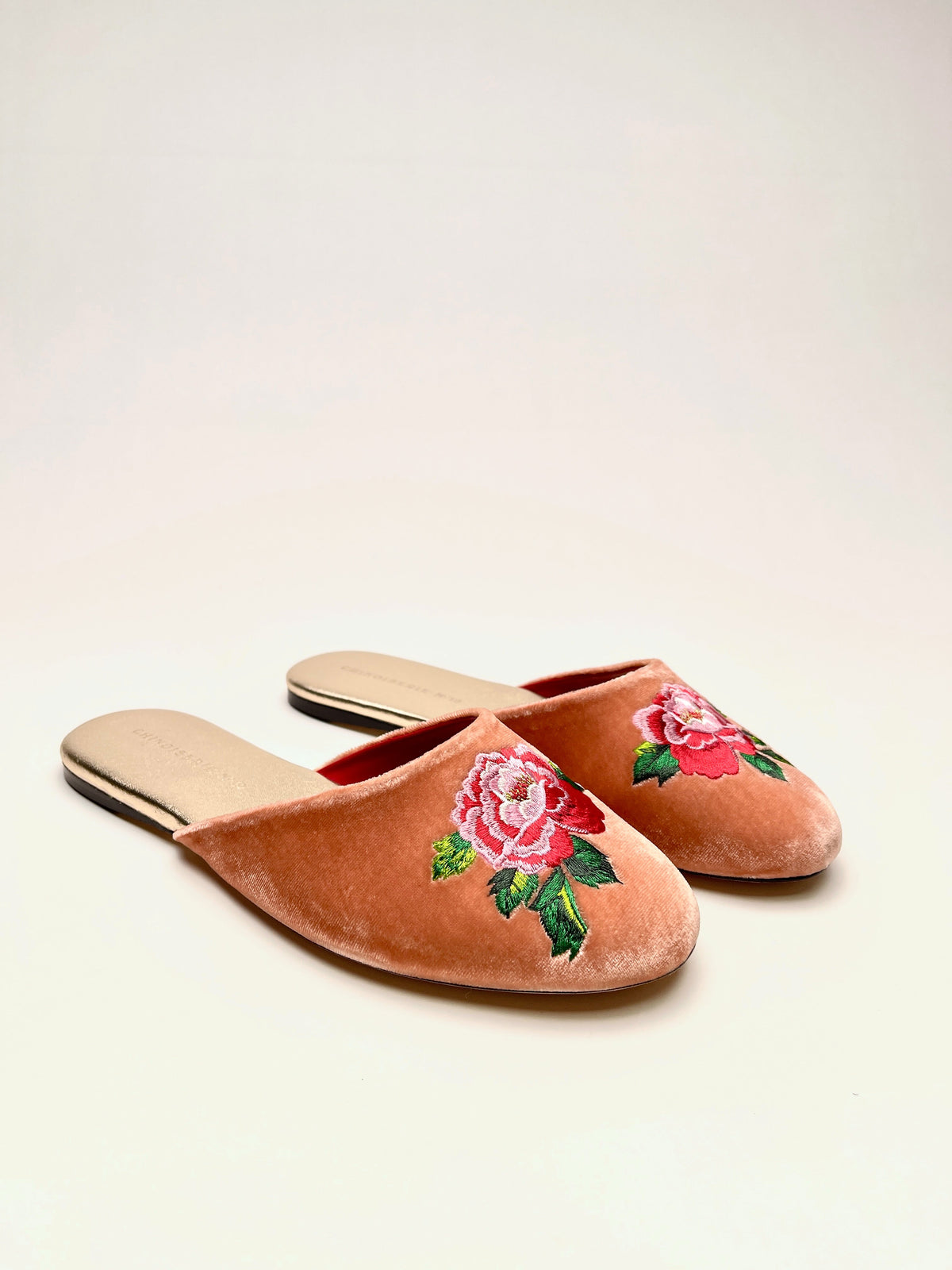 Peach velvet slide mules with peony floral embroidery, side profile