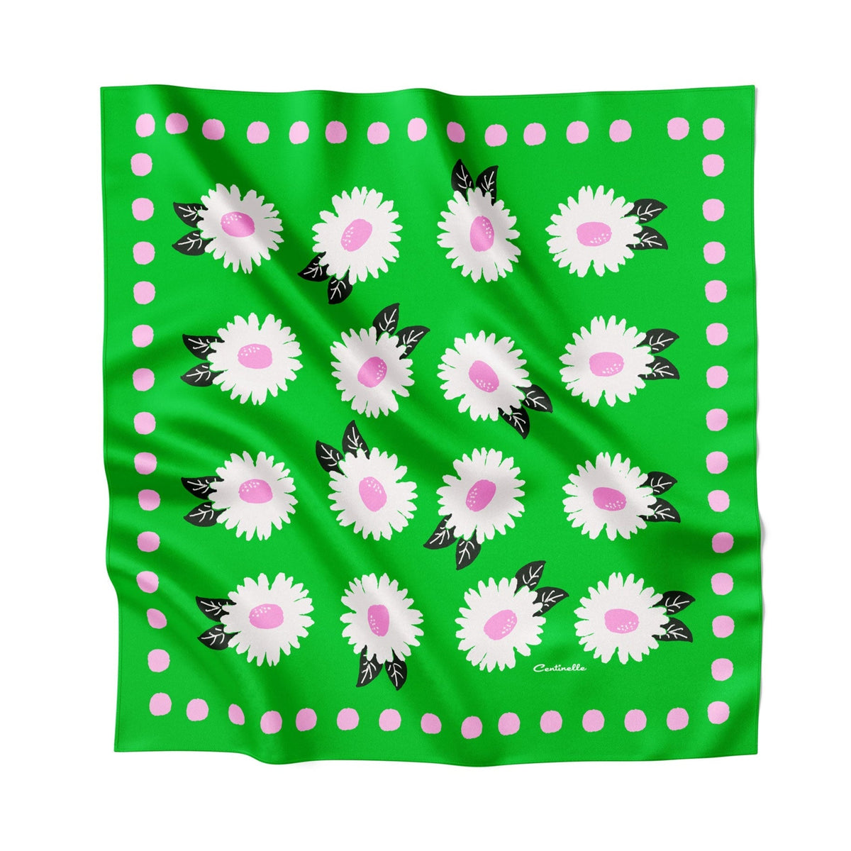 Green floral silk square scarf with white and pink flower print and pink dot border