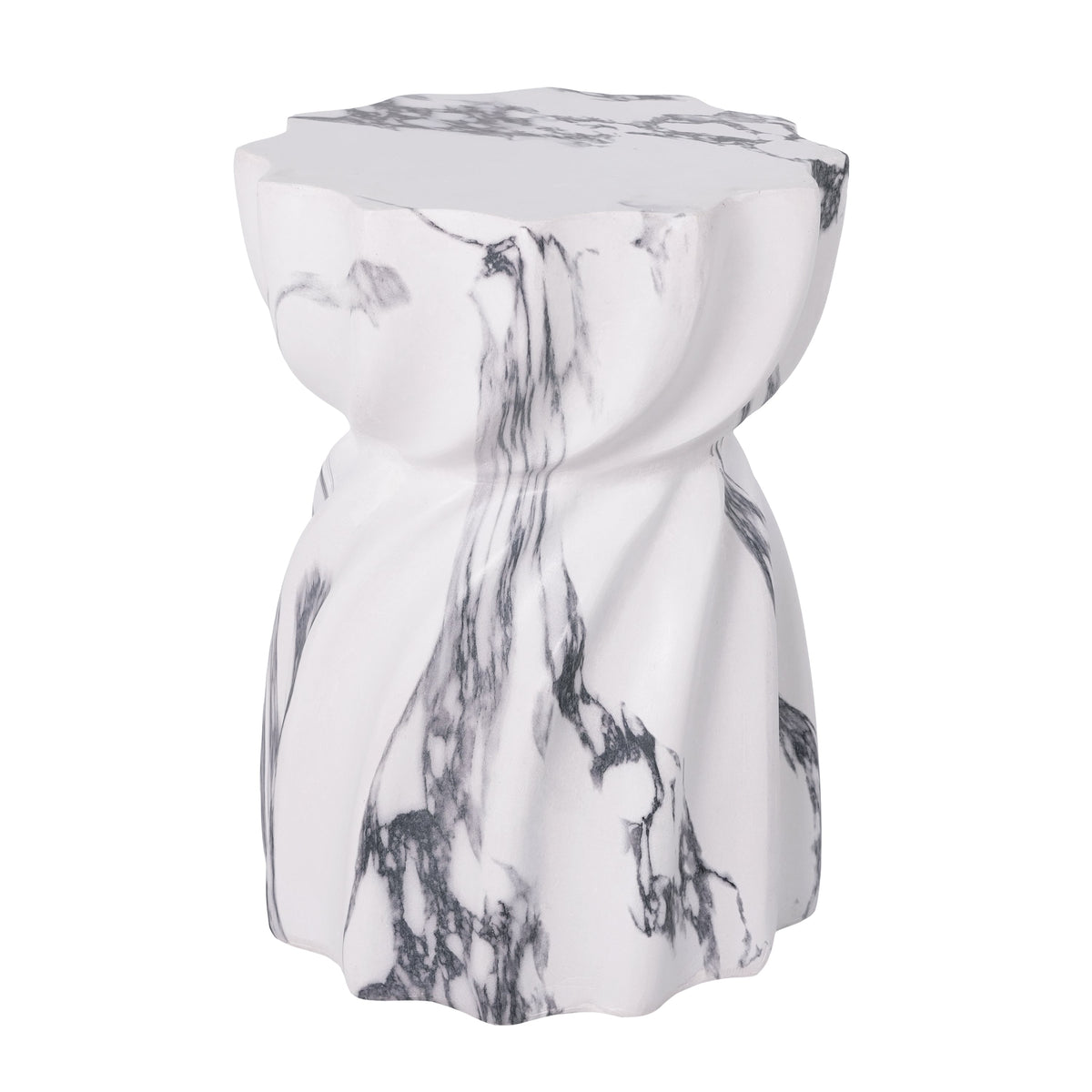 Marble-look side table with a wavy-edged top and fluted sculptural base