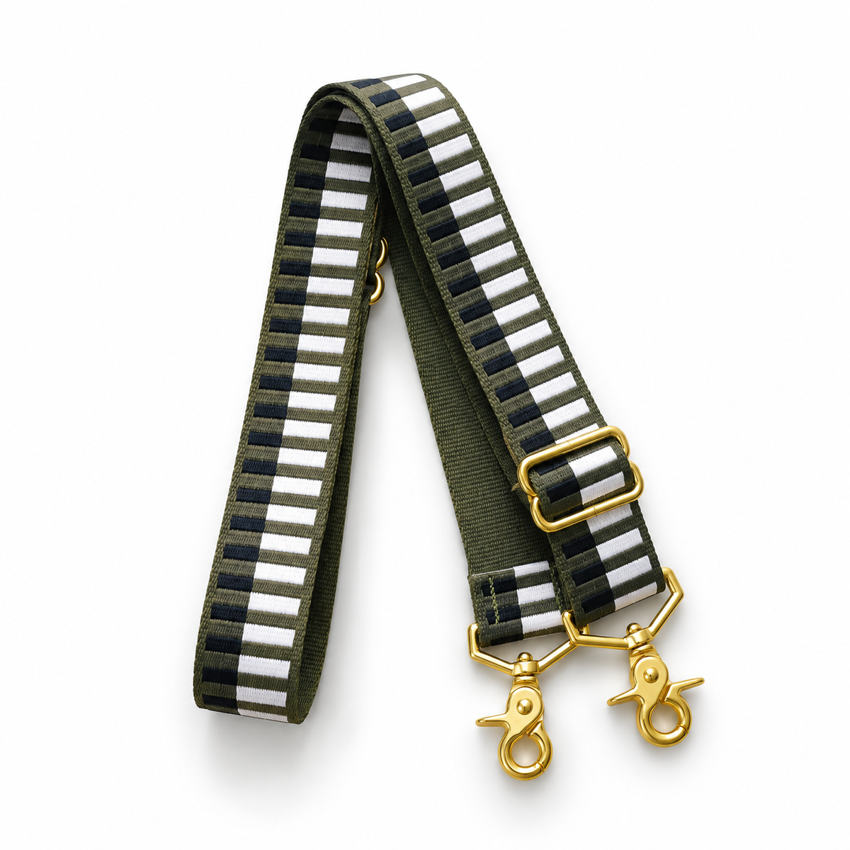 Geo-pattern guitar strap in dark olive with gold buckle and end hooks