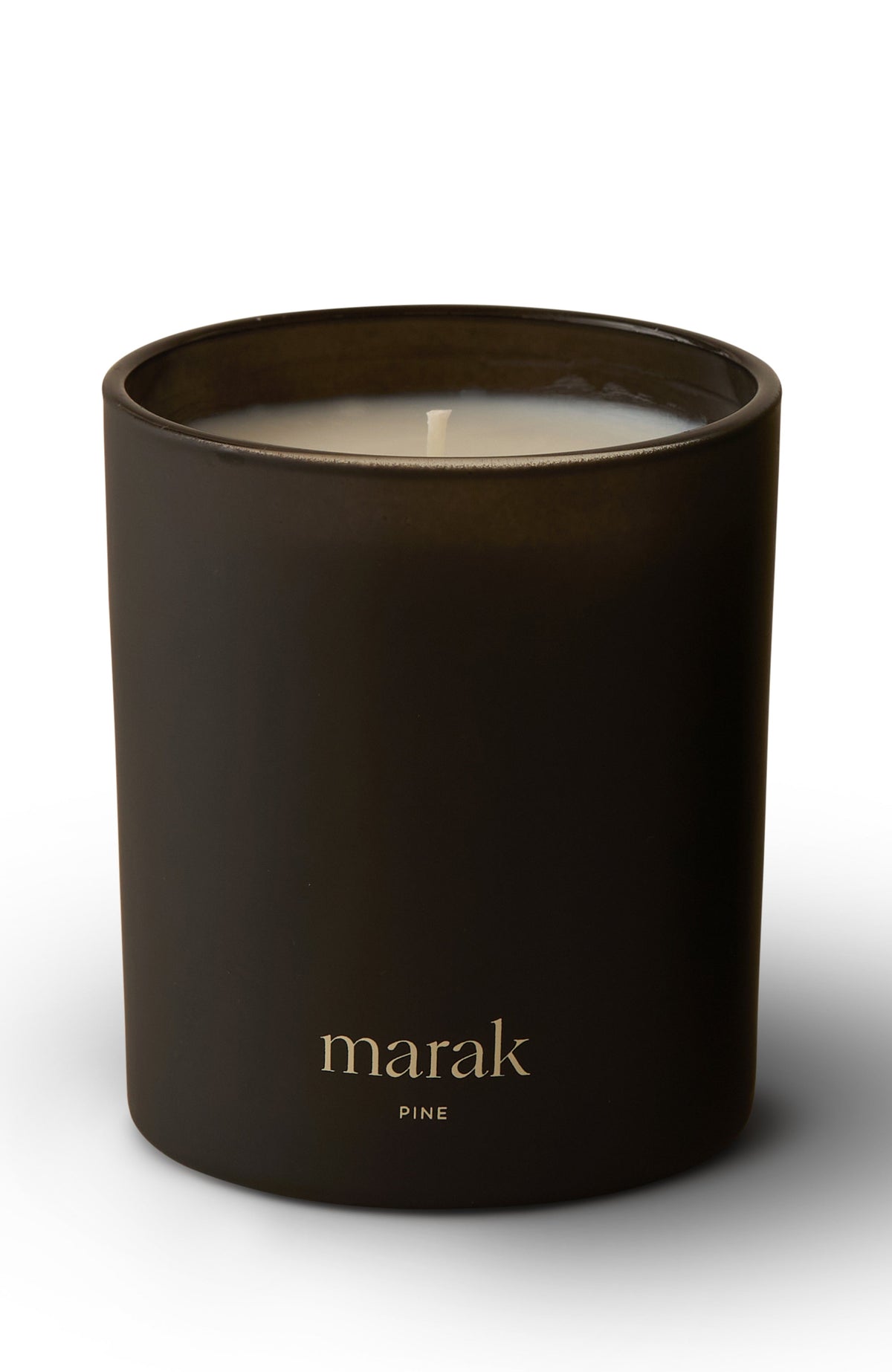 Dark scented candle jar with marak pine label and one white wick