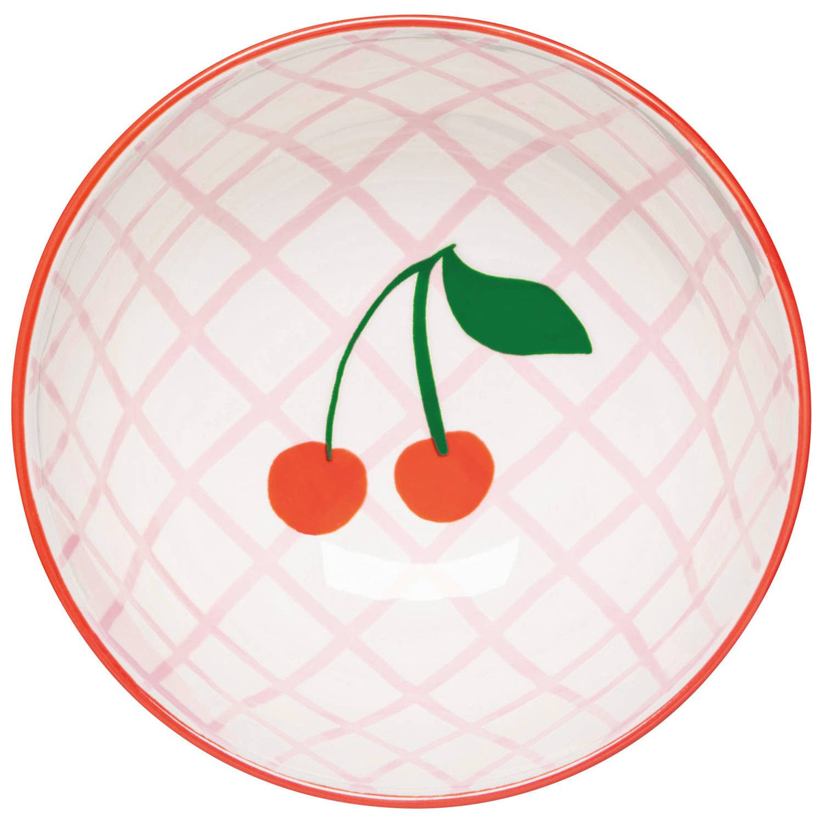 Pink grid cherry bowl interior with orange cherries and green leaves