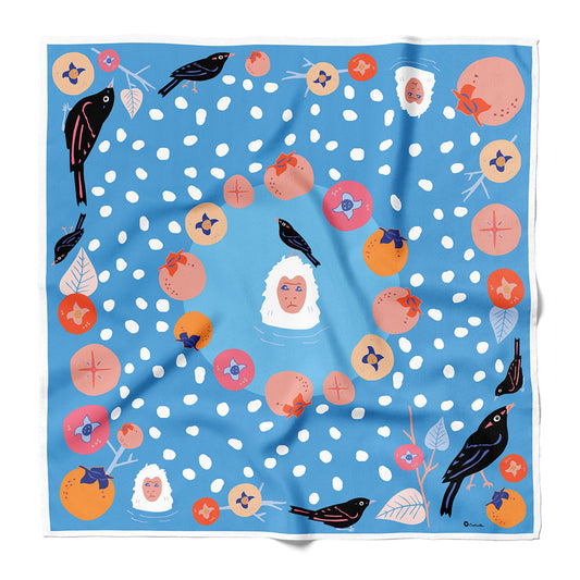 Blue bandana with white dots and cute animal, fruit, and bird illustrations