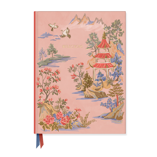 Hardcover chinoiserie notebook with pink floral illustration and dangling ribbon bookmark