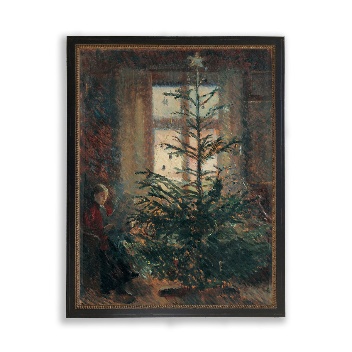 Framed oil painting of a winter forest scene with a dark ornate beaded frame