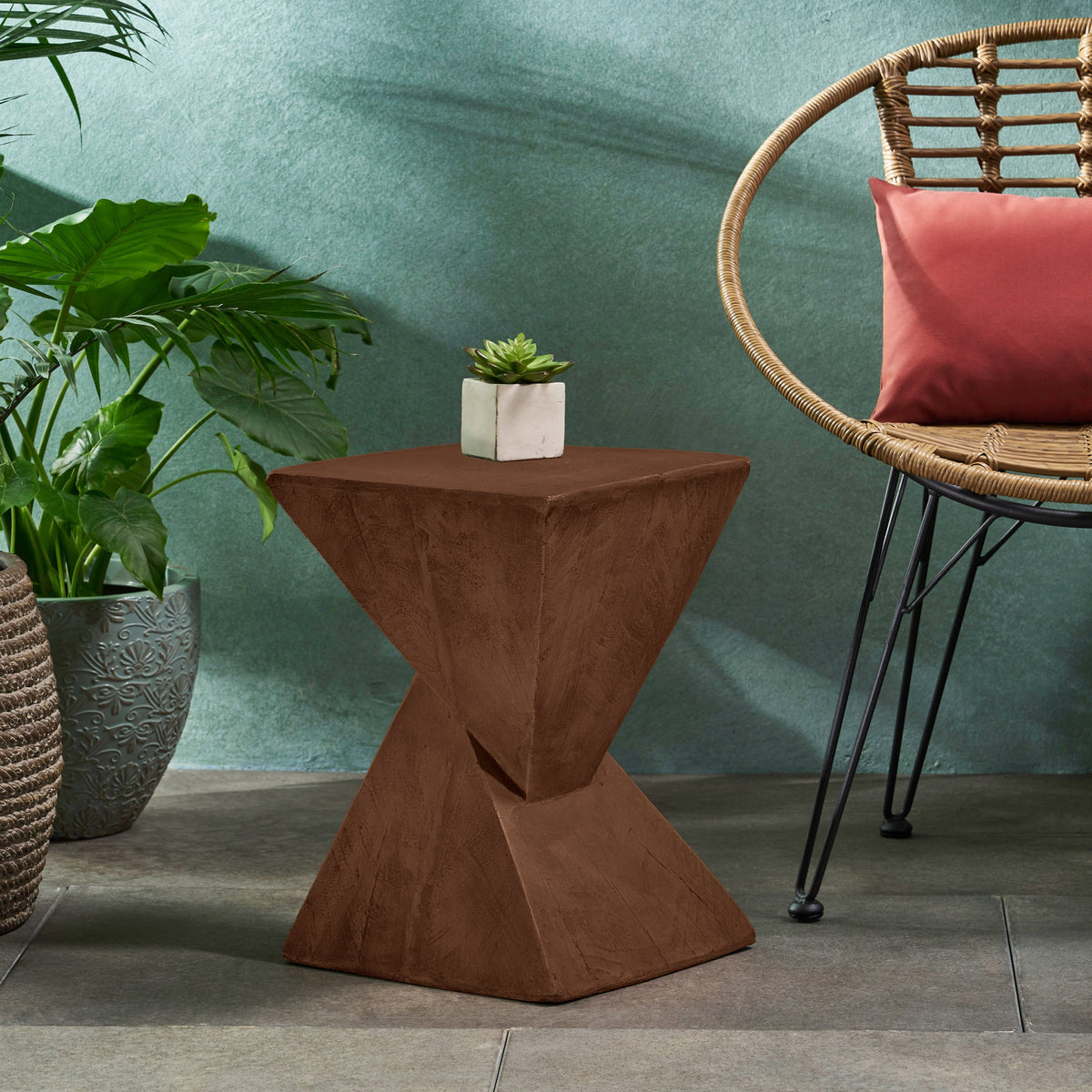 TESS dark brown side table with a square top and wood-like texture