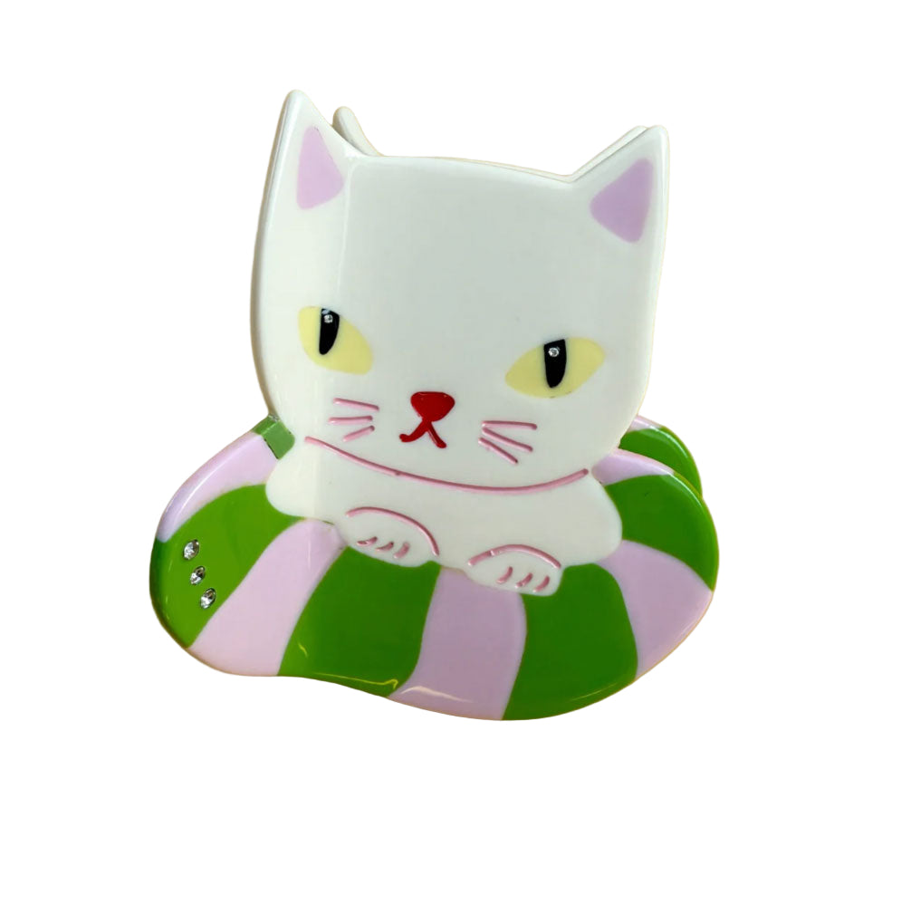 Cat-shaped hair claw clip with white face and green-and-pink body accents