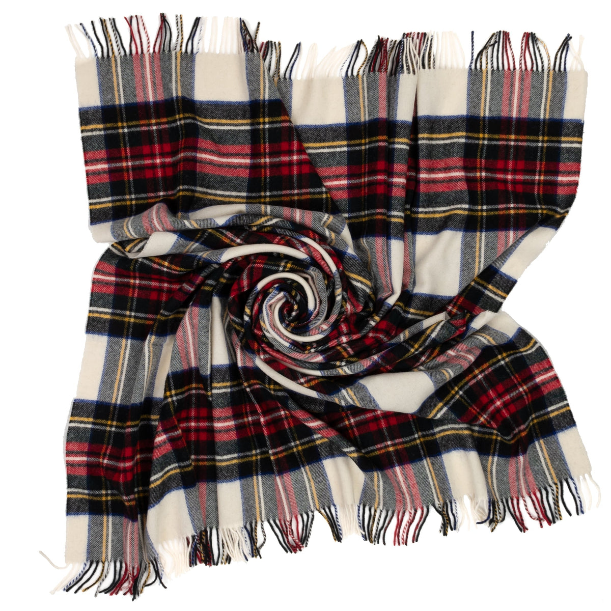 Plaid throw blanket draped and fringed, red, navy, gray, and cream tartan stripes