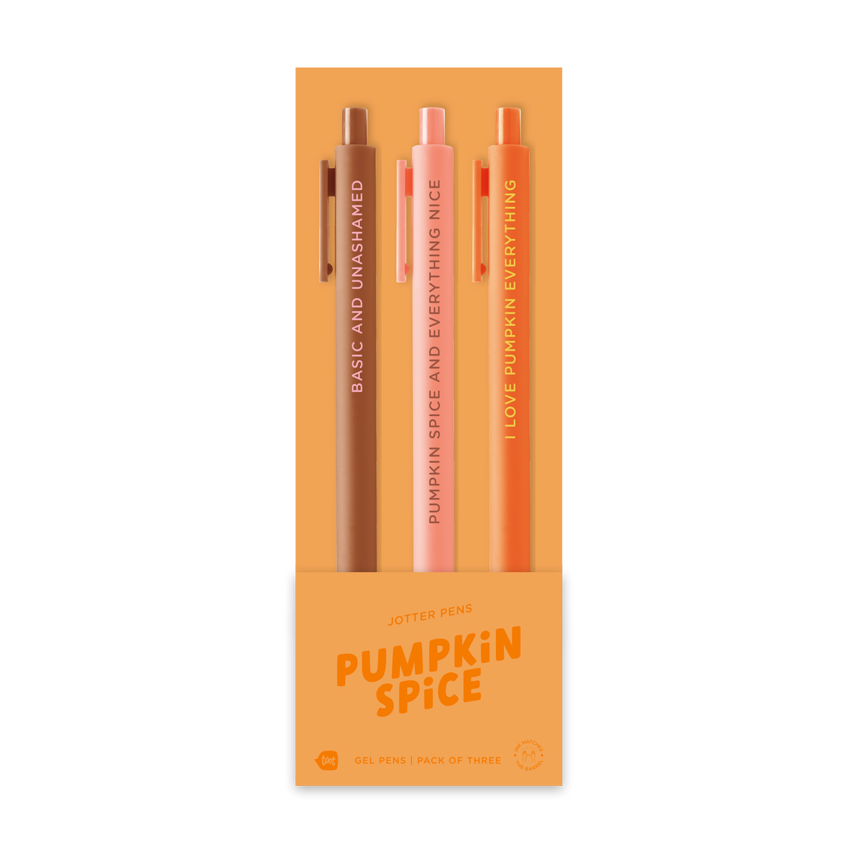 Pumpkin Spice three-pack of gel pens in brown, peach, and orange