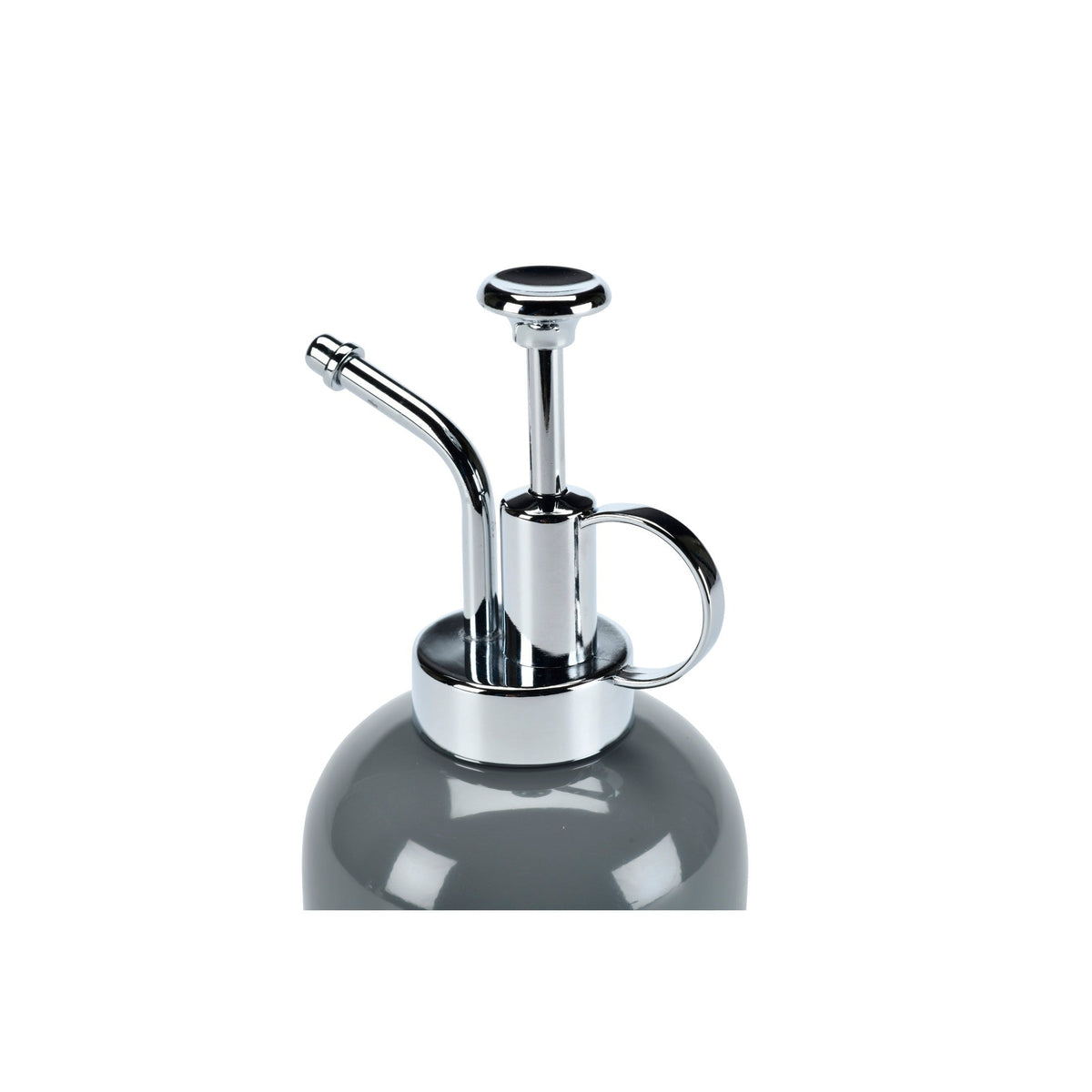 Chrome spray nozzle and handle loop on charcoal indoor plant mister