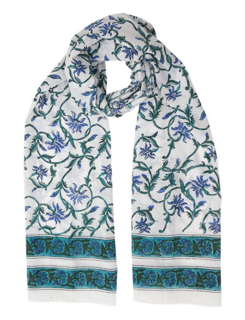 Vintage floral scarf with blue-green vine pattern and teal border stripes on white