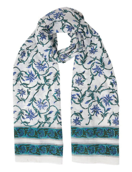 Vintage floral scarf with blue-green vine pattern and teal border stripes on white