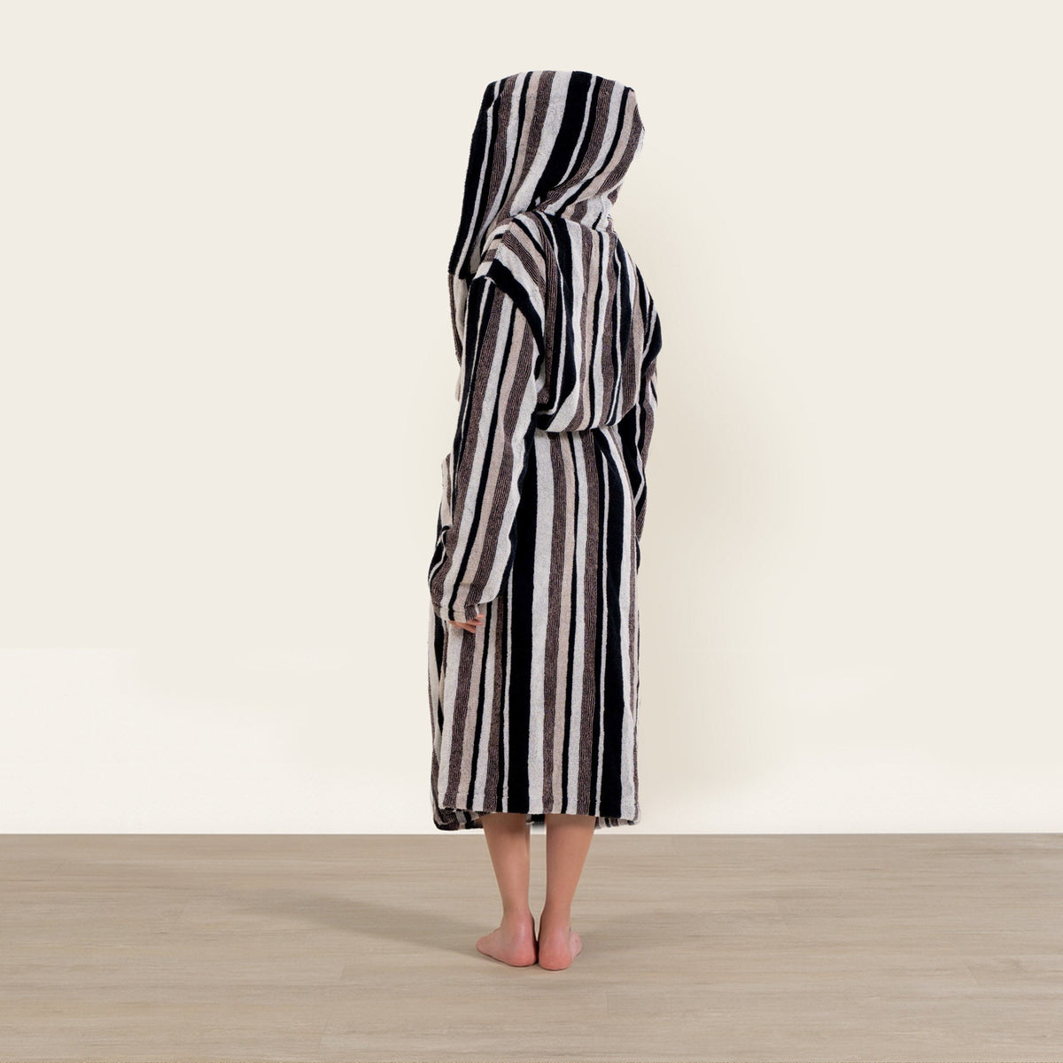 Striped unisex cotton bathrobe with hood up, belted waist and mid-calf length