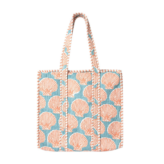 Printed tote bag with orange and teal scallop shell pattern, flat base, open top, handles