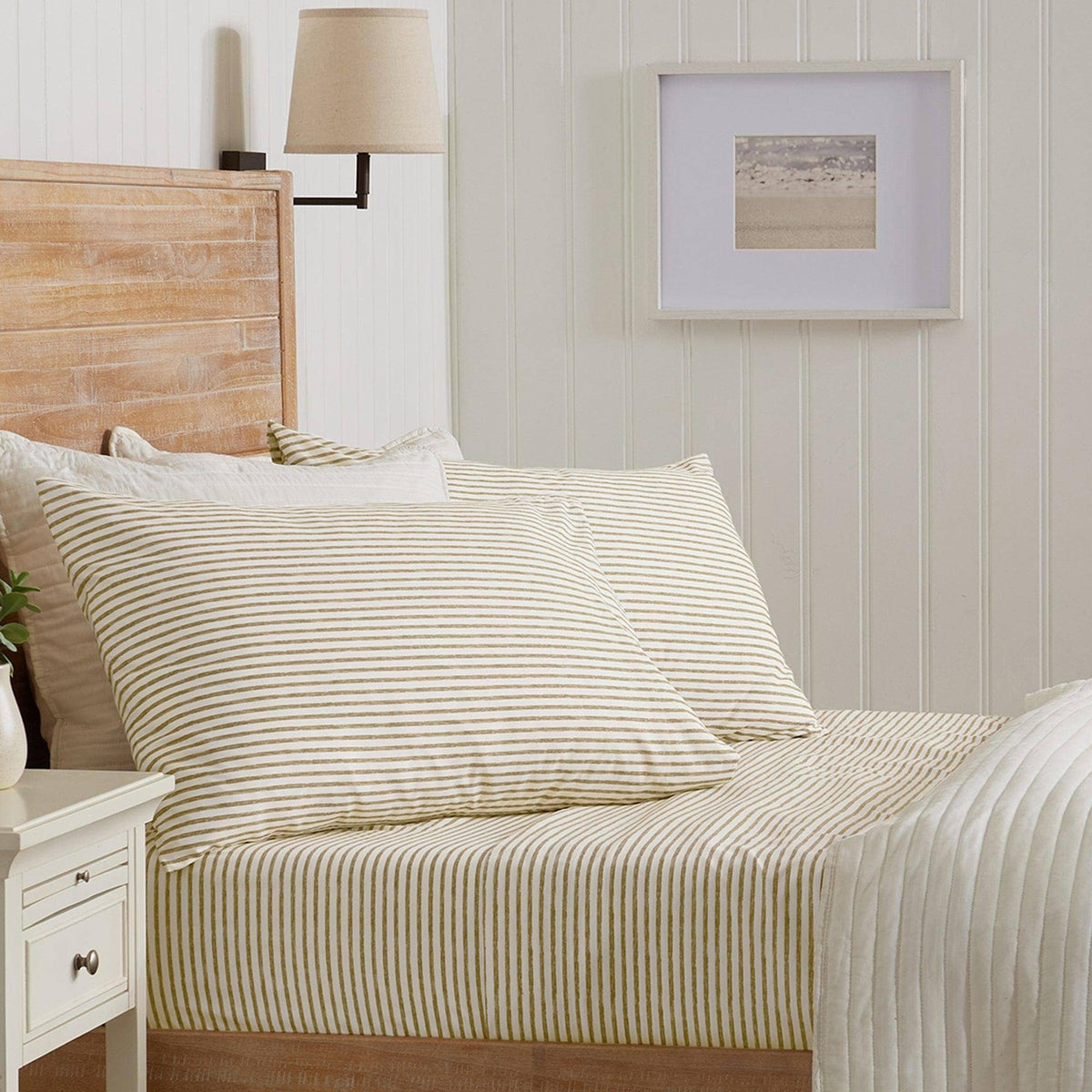 Striped microfiber sheet set with tan and white pinstripe pillowcases