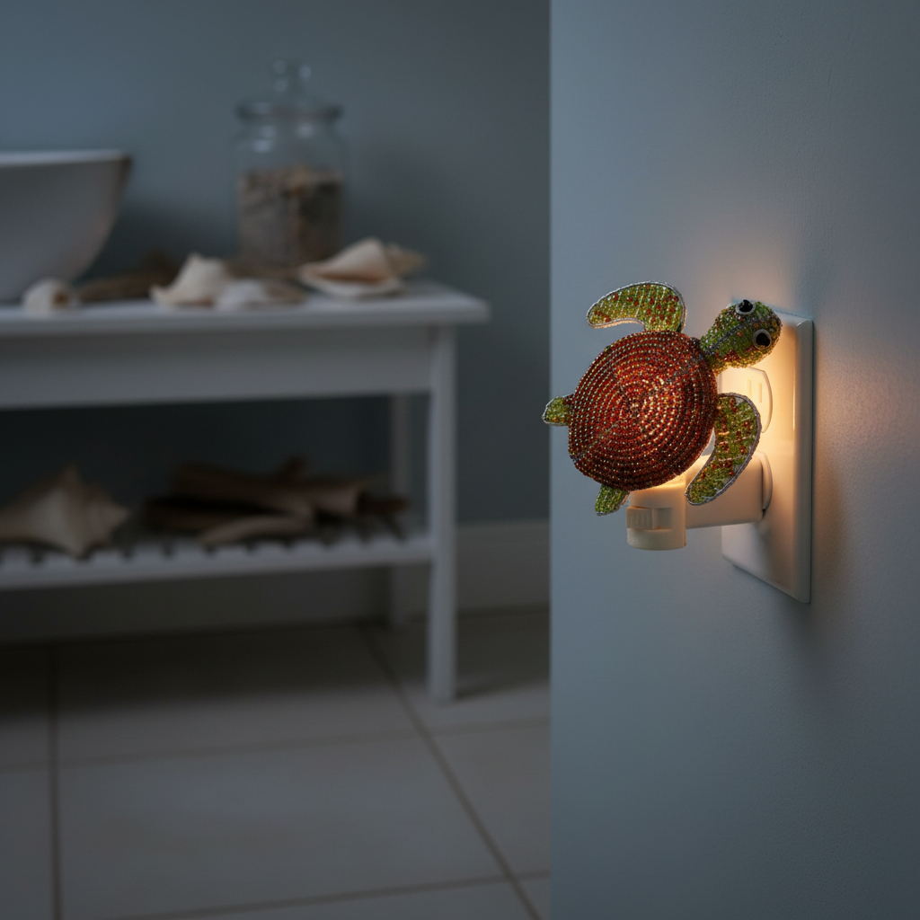 Plug-in sea turtle night light with glowing orange shell mounted on wall
