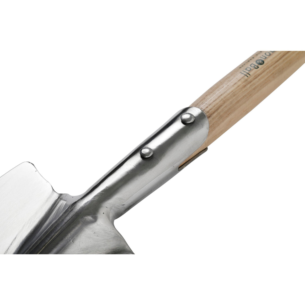 Stainless steel spade head with two rivets and light wood handle