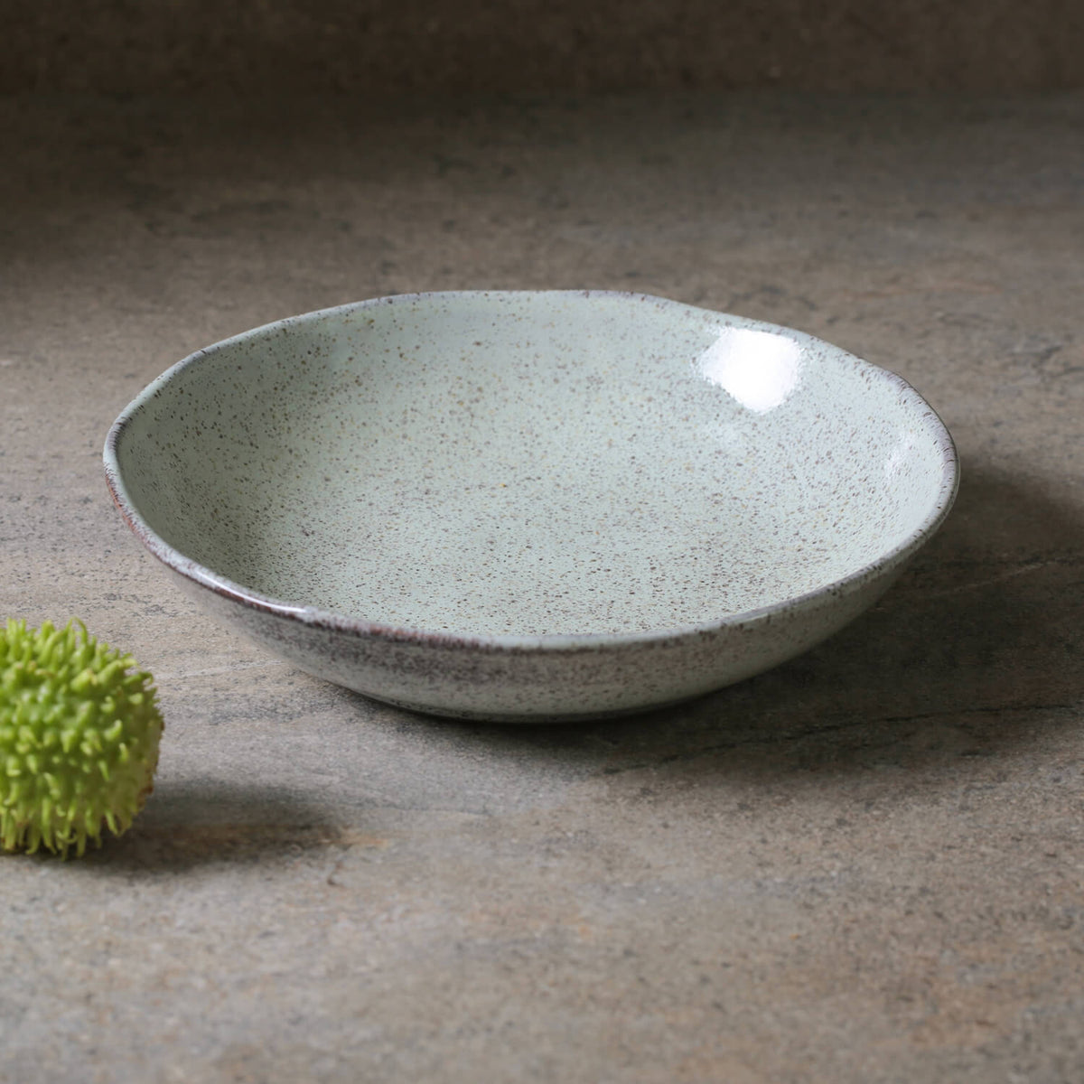 Light speckled pasta plate on tabletop, round shallow bowl with glossy highlight.