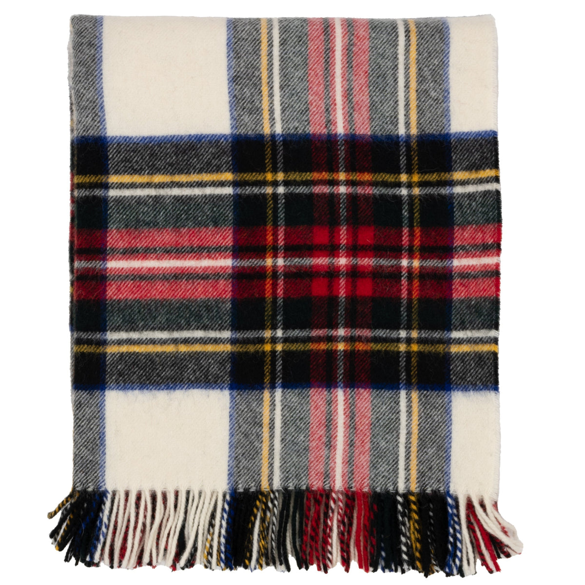 Plaid lambswool throw blanket with fringe trim, red and navy tartan with cream center