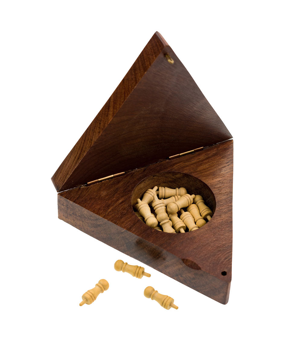 Triangular wooden peg board game with pegs in the inner tray and a few loose pegs