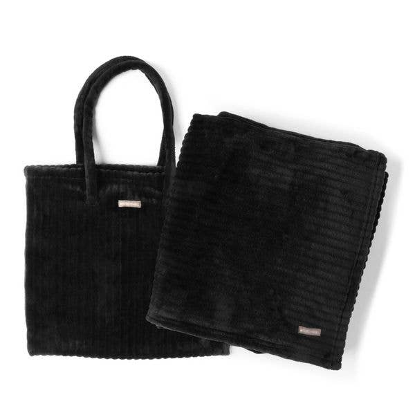 Hello Mello black tote blanket set with a ribbed handled bag and folded blanket.