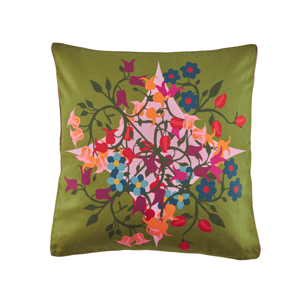 Square green pillow cover with multicolor floral garden design and subtle dark trim