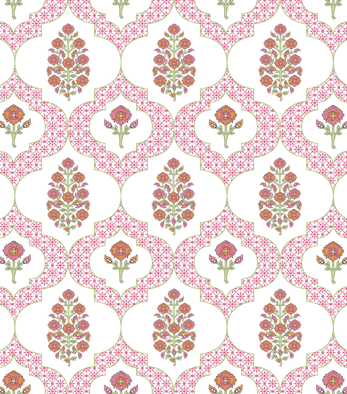 Pink and white tablecloth with repeating floral medallion and vine motifs