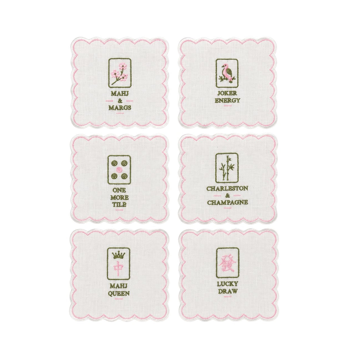 Set of 6 embroidered cocktail napkins with pink scalloped edges and mahjong tile designs