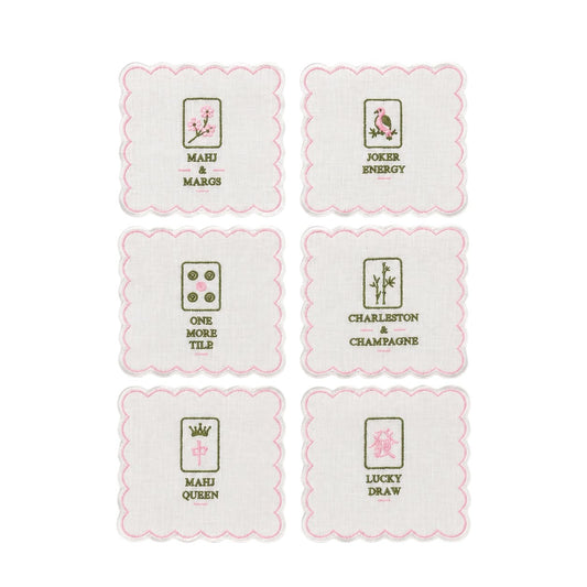 Set of 6 embroidered cocktail napkins with pink scalloped edges and mahjong tile designs