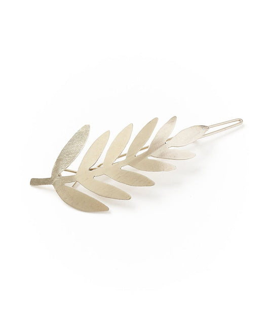 Silver fern leaf hair barrette, metallic silver clips with prong closure