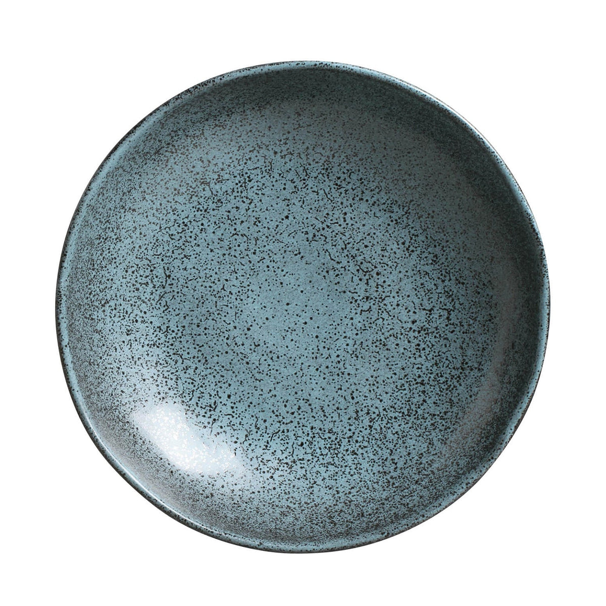 Teal speckled reactive-glaze pasta plate close-up, round shallow bowl