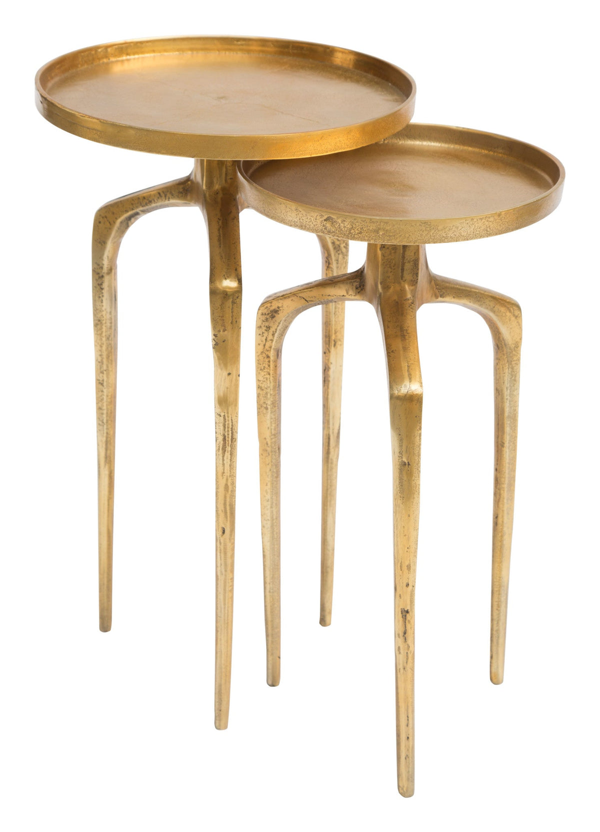 Two gold-tone metal accent tables with round raised-edge tops and slender curved legs.