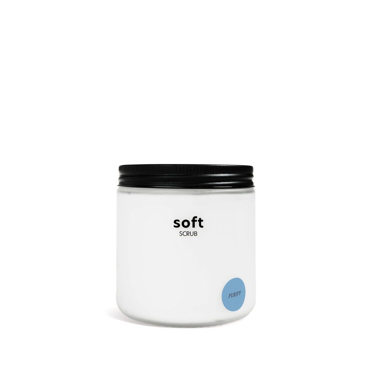 Soft scrub cleanser jar with black lid and white cream body