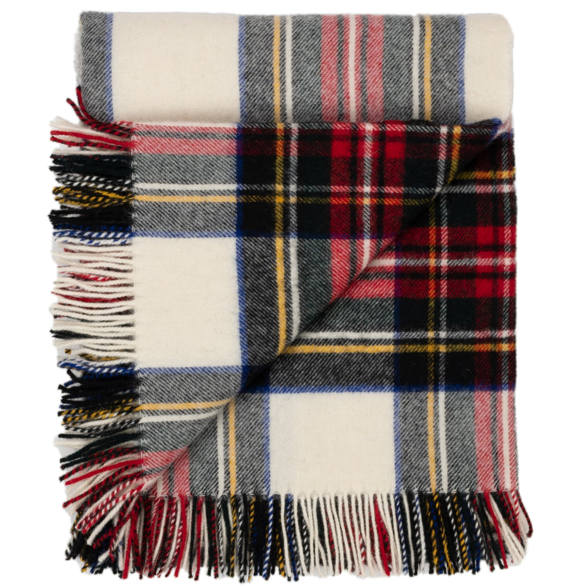 Square-fold plaid throw blanket with long fringes in red, blue, gray, yellow, and cream