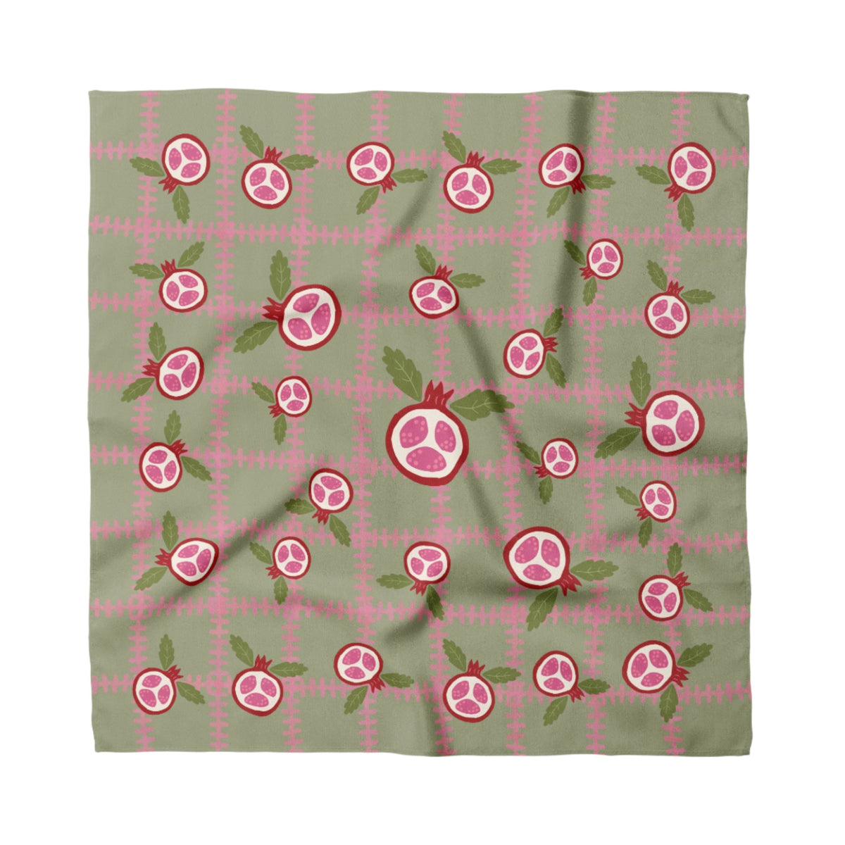 Green cotton-silk bandana with pink pomegranate and fruit motif pattern, square scarf
