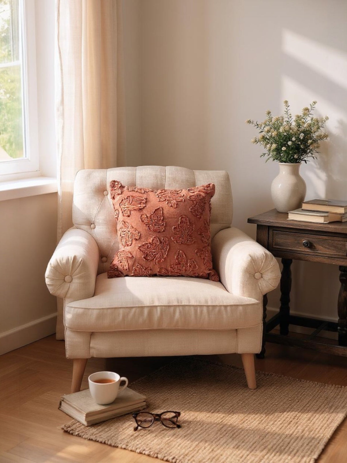 Square throw pillow with rust-orange embroidered leaf design