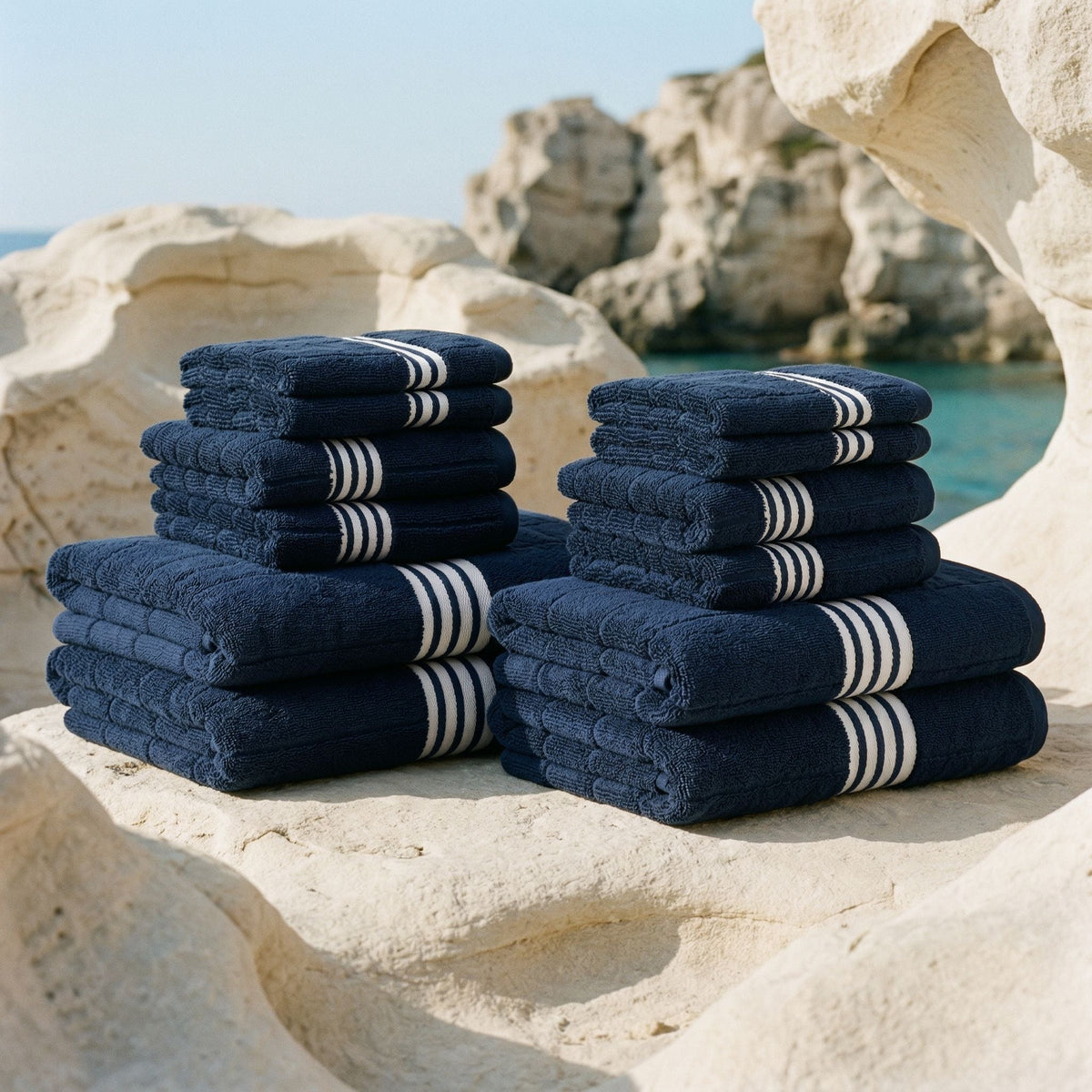 Two stacks of navy cotton towels with white striped bands on rocks